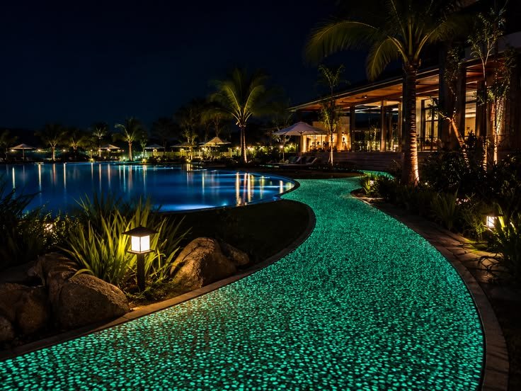 Glow in the Dark Pool Pathway with Photoluminescent Stones